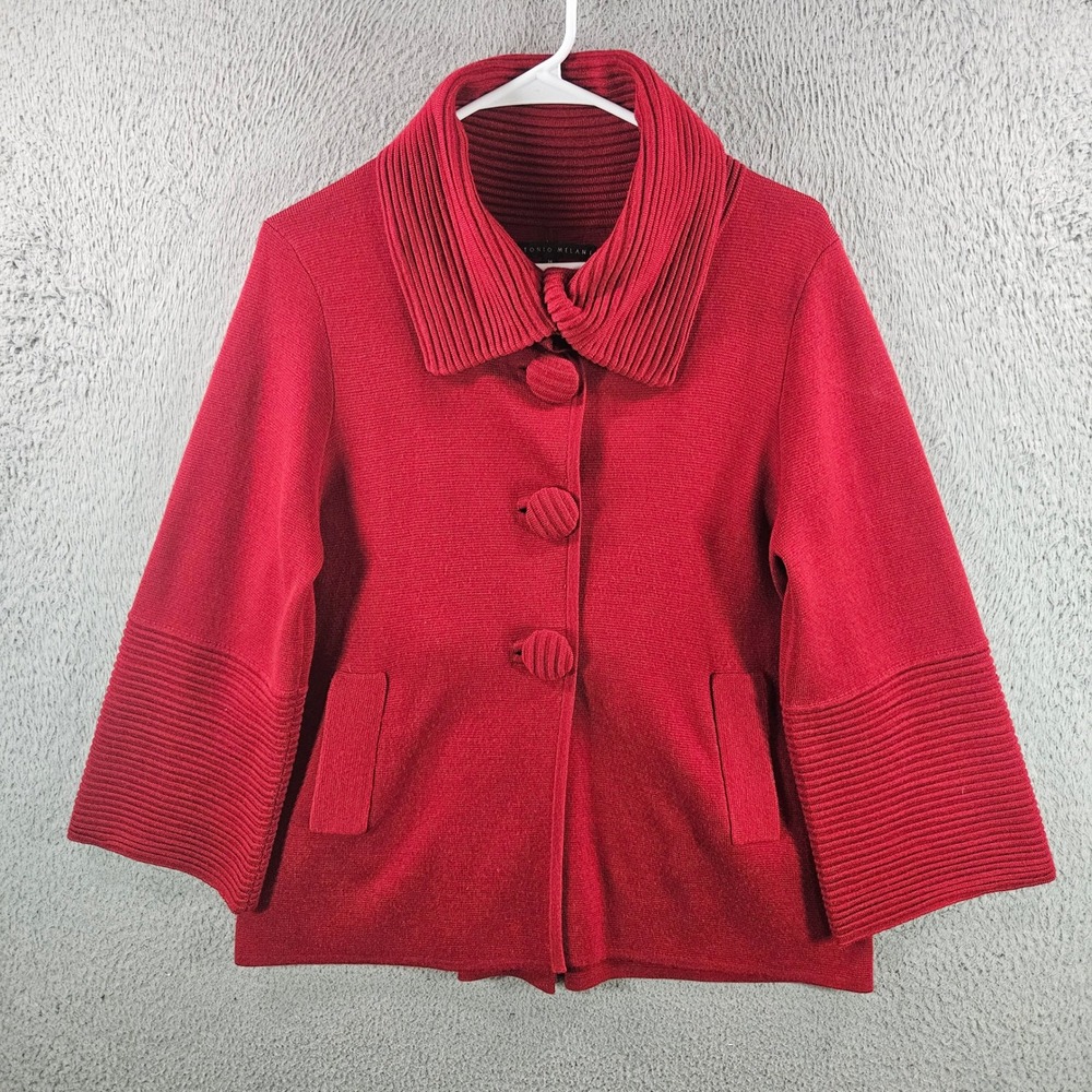 Antonio Melani Red Wool Blend Knit Jacket Ribbed Portrait Collar Womens Medium